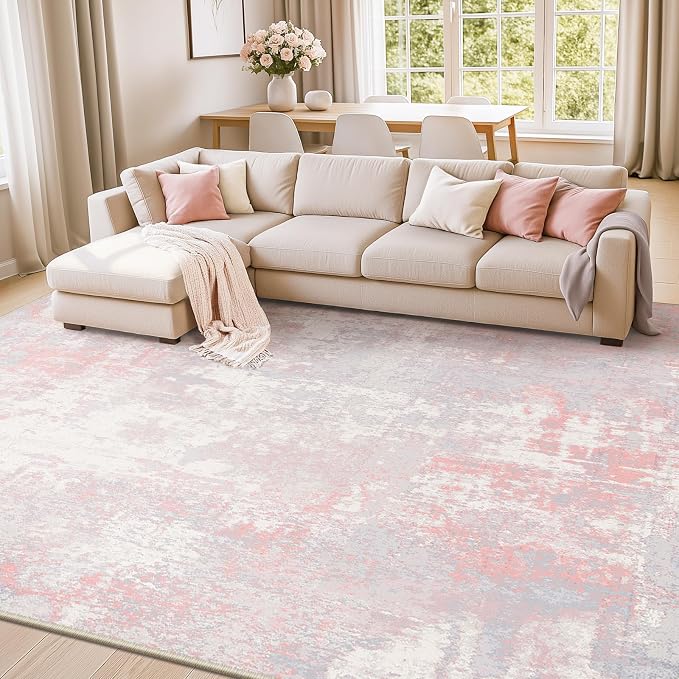 RELEANY Washable 8'x10' Abstract Area Rug for Living Room Gray Pink | Carpet for Bedroom, Kitchen, Office, Hallway and Entryway, Printed Pattern, Non‑Slip, Soft, Stain‑Resistant, Easy to Clean