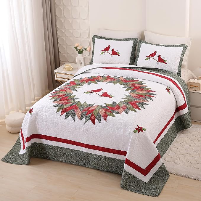 vctops 3 Pieces Christmas Cotton Quilted Quilt Set (Birds,Oversize Queen) | Vintage Cardinal Patchwork Bedspread Coverlet Soft Lightweight Bedding Sets 1 Quilt with 2 Pillow Shams