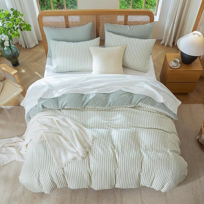 King Size Comforter Set Striped Soft Luxury Washed Microfiber Jacquard 3 Pieces Bedding, Sage Green Vertical Ticking Stripes Pattern Comforter with 2 Pillowcases Breathable Durable Comfy