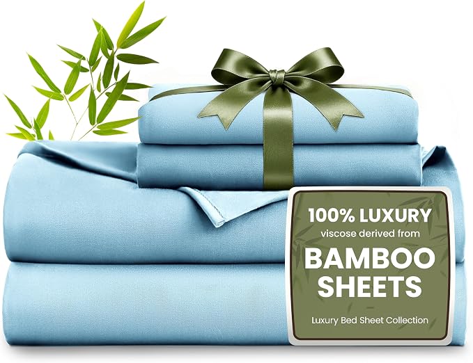 Love's cabin 4 Piece Full Size Sheet Set, 100% Rayon Derived from Bamboo, Cooling & Breathable, Soft Silky Deep Pocket up to 16", Hotel Luxury Bedding for Hot Sleepers, Light Blue