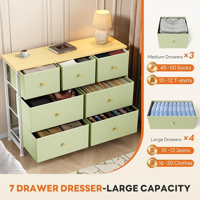 Sweetcrispy 7 Drawer Dresser for Bedroom Storage with Fabric Bins, Green | Anti-Tip Closet Organizer, Wooden Top and Sturdy Steel Frame, Spacious Drawers for Clothes Storage, Hallway Entryway