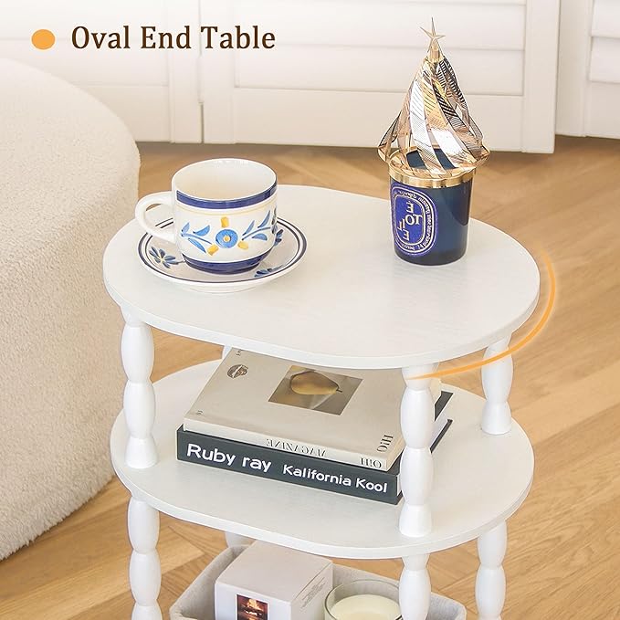MaxSmeo White Side Table with Charging Station, 3-Tier Small Oval End Table with USB Ports and Outlets, Modern Night Stand Wood Accent Table for Living Room, Bedroom, White