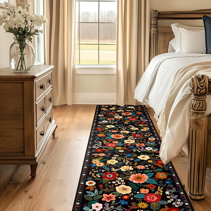Floral Washable 2x10 Area Rugs Runner Entryway Hallway Black | Flower Carpet, Print, Boho, Non-Slip, Easy to Clean, Low Pile, Soft, for Living Room Bedroom Kitchen Office Entrance