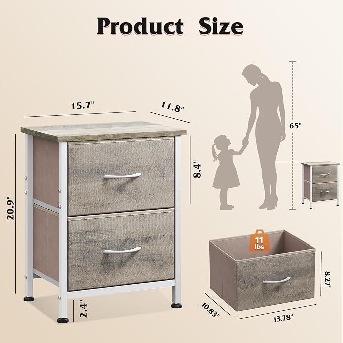 WLIVE Nightstand, 2 Drawer Dresser for Bedroom, Small Dresser with 2 Drawers, Bedside Furniture, Night Stand, End Table with Fabric Bins for Bedroom, Closet, College Dorm, Greige Oak | End Table with Fabric Bins for Bedroom, Sturdy Metal Frame & Adjust...