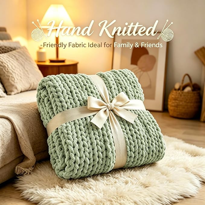 Chunky Knit Blanket Throw for Couch, 60"x80" Chunky Yarn Knitted Blankets | 100% Hand Knit Thick Chenille, Soft Breathable for Bed, Sofa, Home Decor, Cozy Gifts for Women Friends, Sage Green