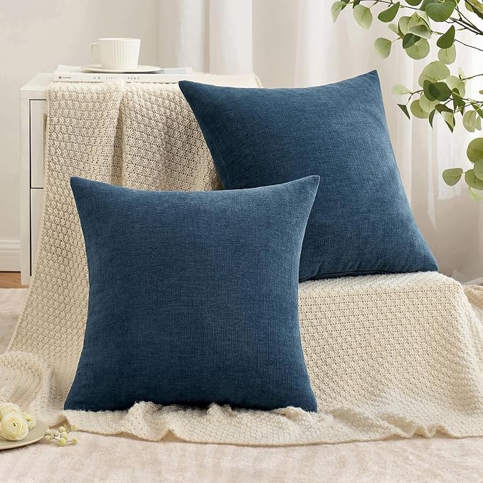 MIULEE Dark Blue Chenille Couch Throw Pillow Covers, 20x20 | Set of 2, Soft Coastal Home Decor, Modern Farmhouse Decorative Pillowcases for Sofa Living Room Bed