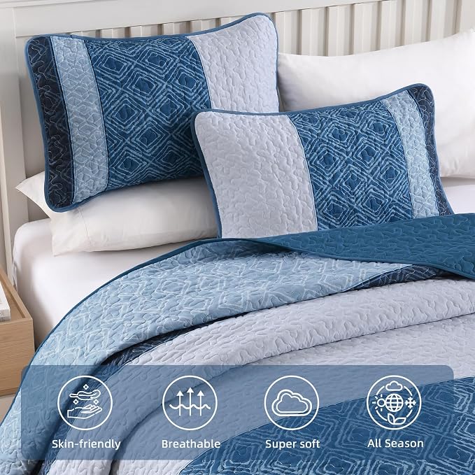 Cottolester Navy Blue California King Quilt Set,Striped Plaid Bedspread | Ultra Soft Lightweight Coverlets Set with 2 Pillowshams for Men Women,Microfiber Quilt Bedding Sets for All Seasons 110"x96"