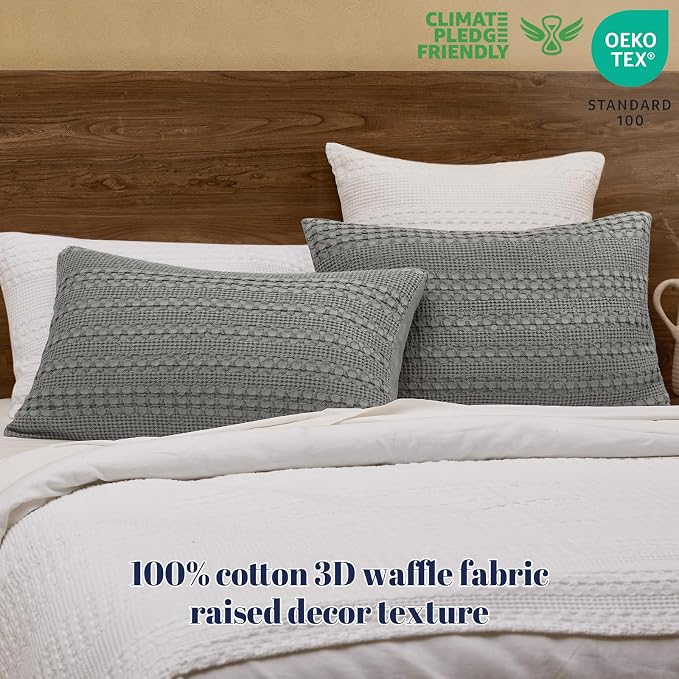 PHF 100% Cotton Waffle Pillow Shams Standard Size, 2 Pack 20" x 26" Soft Skin-Friendly Pillowcases, No Filling, Aesthetic Woven and Breathable Waffle Weave Pillow Case Covers for Bed, Dark Grey