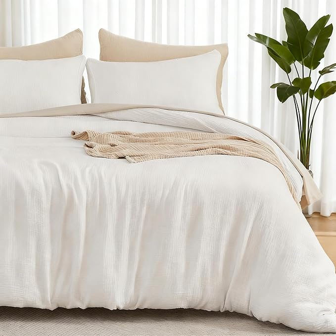 EMME Cream White Muslin Duvet Cover Queen Size, 100% Cotton Soft Gauze Bedding Set with 2 Pillowcases, Breathable Lightweight All Season Comforter Cover with Zipper & Corner Ties, 90"x90"