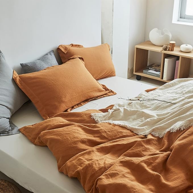 Simple&Opulence 100% Linen Duvet Cover Set 3pcs Basic Style Natural French Washed Flax Solid Color Soft Breathable Farmhouse Bedding with Button Closure - Rust, King