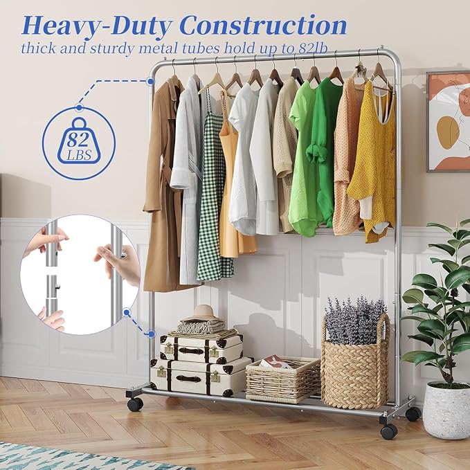 Simple Trending Clothes Clothing Garment Rack, Clothes Organizer, Silver | Storage Shelves, 360° Lockable Wheels, Anti-Slip Stoppers, Bedroom, Laundry Room