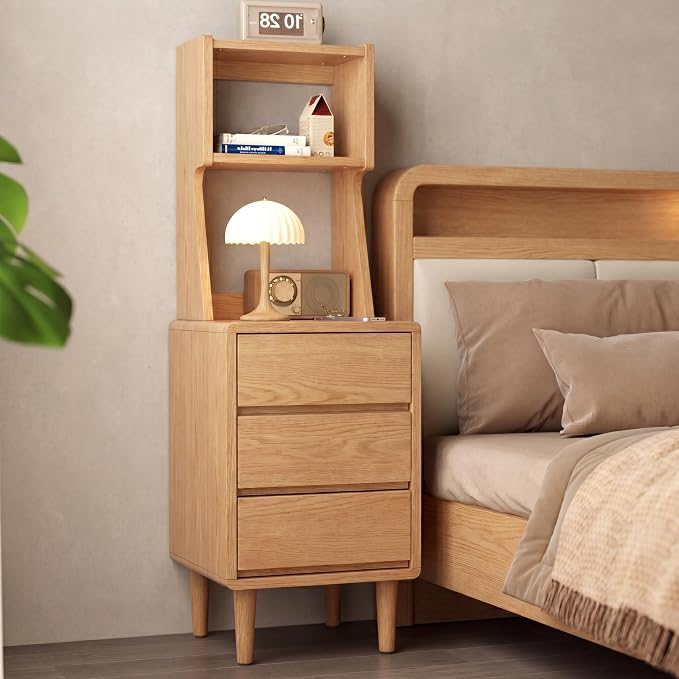 Solid Wood Bookshelf Nightstand Combo, Tall Nightstand with Bookshelf | Oak Nightstand Bookshelf,Narrow Nightstand with Drawers,Open Shelf Bookcase,for Bedroom,Living Room,Offices