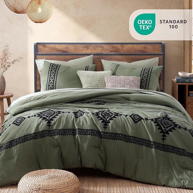 MaiRêve Embroidery Super King Comforter Set 7 Pieces Bed in a Bag | Olive Green Western Boho Bedding Sets Farmhouse with Comforter, Sheets, Pillowcases & Shams