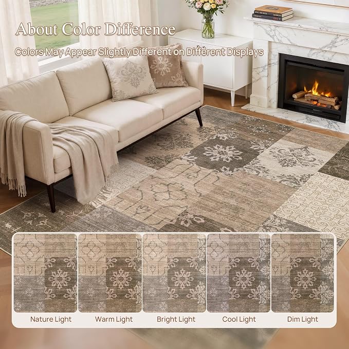 UERMEI 8x10 Area Rug for Living Room, Washable Brown Modern Geometric Patchwork Non Slip Stain Resistant Low Pile Foldable Carpet for Bedroom Dining Farmhouse Home Office