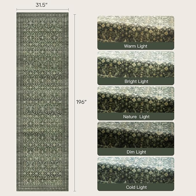 2'6"x14' Area Rugs for Hallways, Green Washable Non-Slip Kitchen Runner Rug | Low Pile Runner Rugs, Soft Carpet for Kitchen Bathroom Bedroom Laundry, Stain Resistant Foldable Vintage Distressed Rug