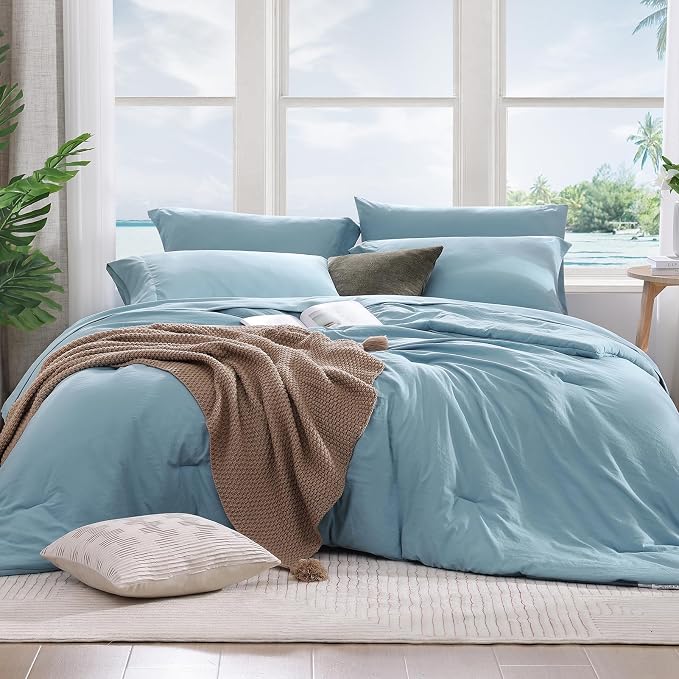 Queen Comforter Set-7 Pieces Soft Prewashed Bed in a Bag Queen Bedding Sets | All Season Comforter with Sheets, Pillow Shams & Pillowcases, Sky Blue