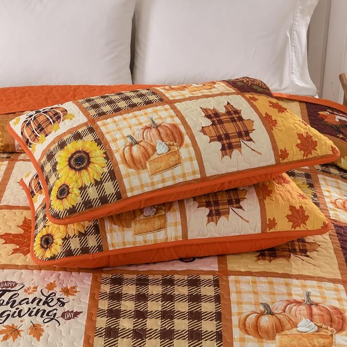 Fall Patchwork Quilt Set King, Thanksgiving Pumpkin Maple Leaves Bedding | Orange Brown Autumn Bedspread Sunflower Pattern, Soft Microfiber Coverlet Thanksgiving Day Gift with 2 Pillowcases