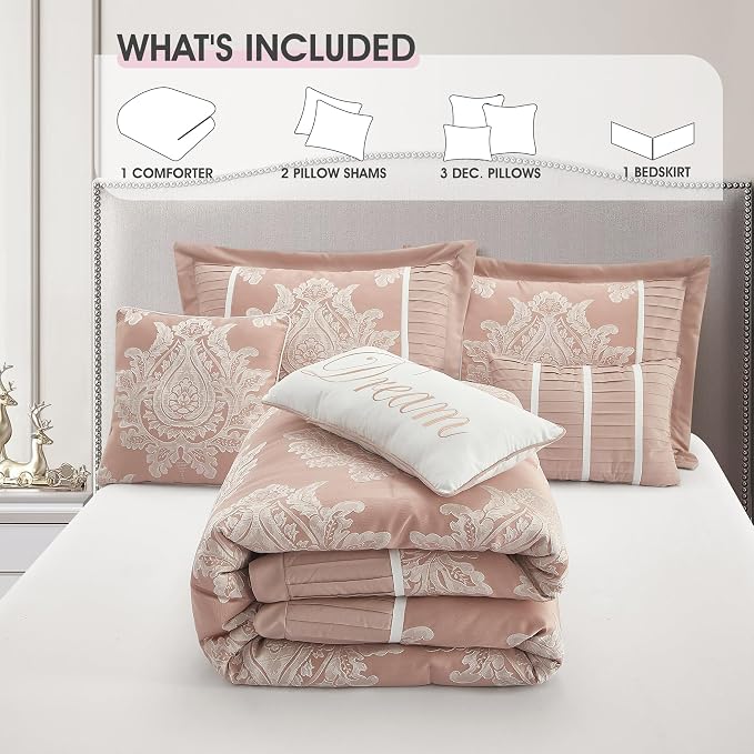 Blush King Size Comforter Set 7 Pieces, Jacquard Woven with Damask, Bedding Set in a Bag Includes Comforter, Bed Skirt, Pillow Shams, and Decorative Pillows