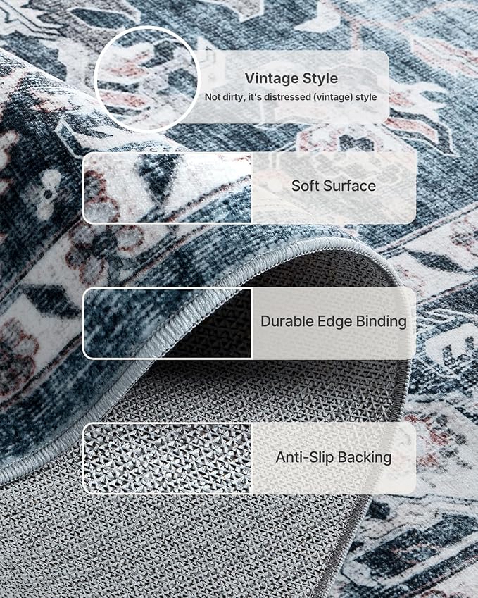 AMADA HOMEFURNISHING 2'6"x8' Washable Area Rug, Low-Profile Entryway Rug with Non-Slip Backing & Durable Edge Binding, Vintage Rug Pattern, Small Rugs for Entryway, Kitchen & Living Room