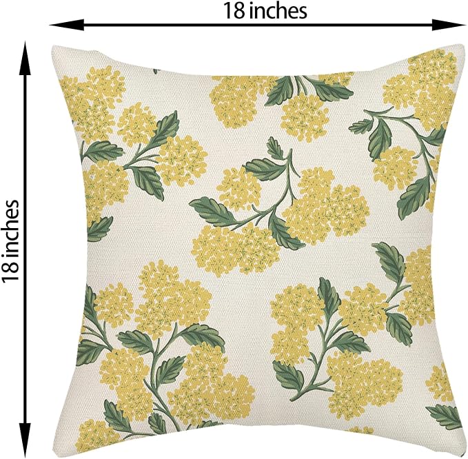 Mustard Yellow Summer Outdoor Pillow Covers 18x18 Inch 2 Pcs Green Hydrangea Flower Decor Throw Pillows Spring Seasonal Vintage Floral Decoration Pillowcase Linen Cushion Cover for Couch Sofa