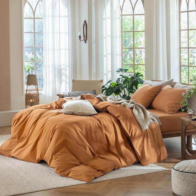 MooMee Duvet Cover Set 100% Washed Cotton Linen Like King | Relaxed Linen-like Texture. Soft, Breathable & Long-lasting Comfort. Lightweight. Hidden Zipper with 8 Interior Corner Ties