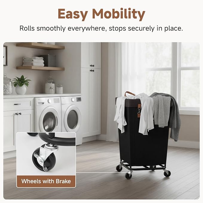 StorageWorks 160L Laundry Basket with Wheels, Rolling Hampers for Clothing | Black Laundry Basket with Wheels, Metal Frame & Handles, Rolling Hamper for Bedroom, Bathroom, Dorm, Hotel