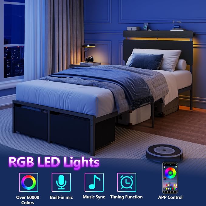 Forestell Twin Bed Frame with Wood Headboard,2 Storage Drawers & Shelf | Built-in Charging Station & LED Lights, Metal Support, No Box Spring Needed, noise-free, easy assembly, Smart RGB, USB+Type-C