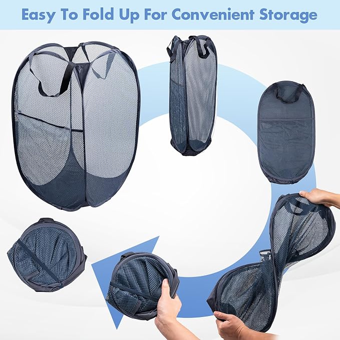 2 Pack Pop Up Laundry Hampers, 70 L Collapsible Foldable Mesh Basket, Blue | Reinforced handles, breathable fabric, foldable, portable for dorm college travel camping cruise, dirty clothes, toys storage