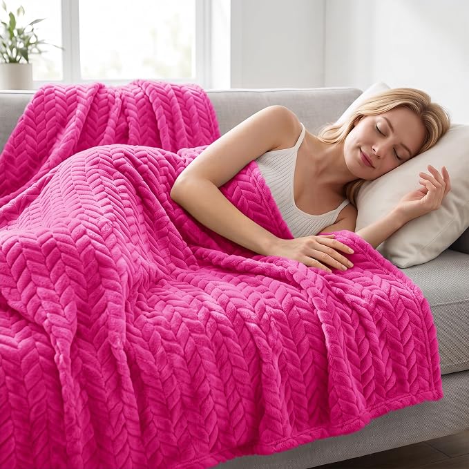Exclusivo Mezcla Fleece Throw Blanket for Couch Sofa, 50”x70”, Hot Pink | Oversized Soft Cozy Fluffy Blankets for Summer, Decorative Plush Flannel Throws for Living Room, Bedroom with Leaves Pattern