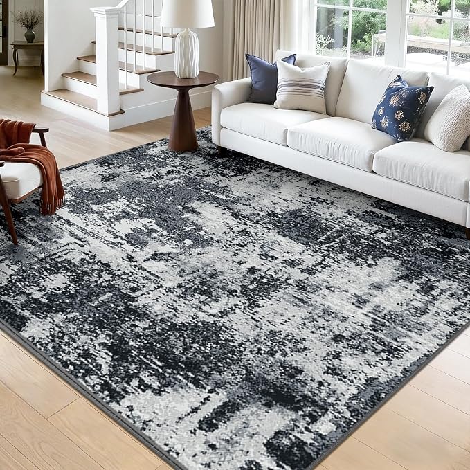 RELEANY Washable Square 9'x9' Area Rug for Living Room Black White | Carpet for Bedroom, Kitchen, Office, Hallway and Entryway, Printed Pattern, Non‑Slip, Soft, Stain‑Resistant, Easy to Clean