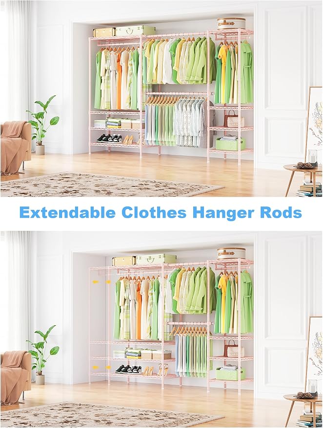 Ulif E11 Heavy-Duty Closet Garment Rack, Metal Clothes Rack, Load 1034lbs | Pink Freestanding Expandable Clothing Storage Organizer System for Hanging Clothes, (73.2-97.6)"W x 14.5"D x 71.2"H,