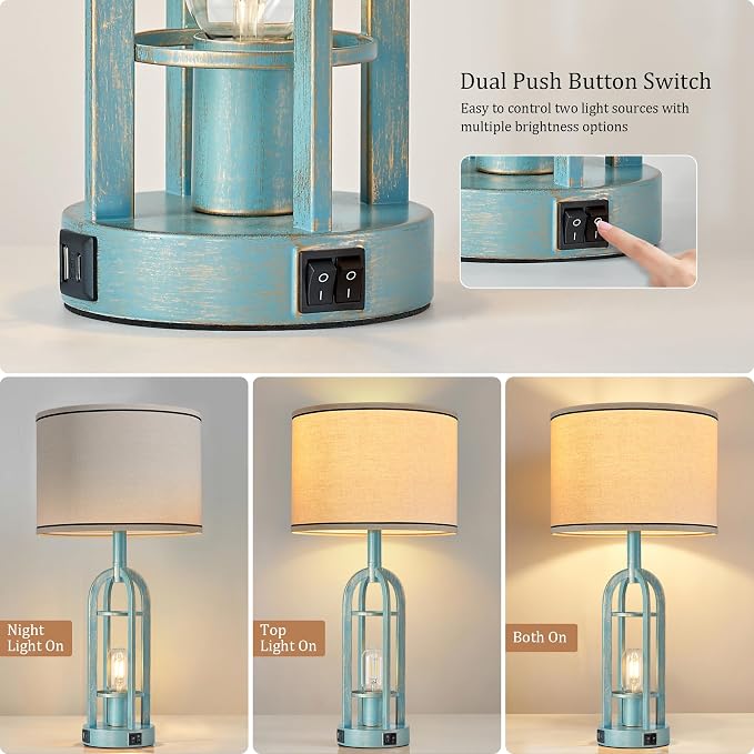 SRJJA Table Lamps for Living Room Set of 2 - Modern Farmhouse Lamps for Night Stands with Night Light & USB A+C, 24" Vintage Bedside Lamp for Bedroom, Bulbs Included
