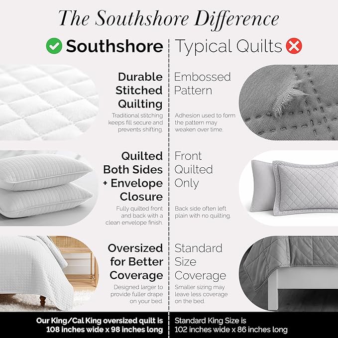 Southshore Fine Living, Inc. Oversized King Quilt Bedding Set with Shams, Lightweight White Coverlet Quilt King Size Bedspread, Luxury Bedding, Bed Spread for California Kings Mattress, White Quilts