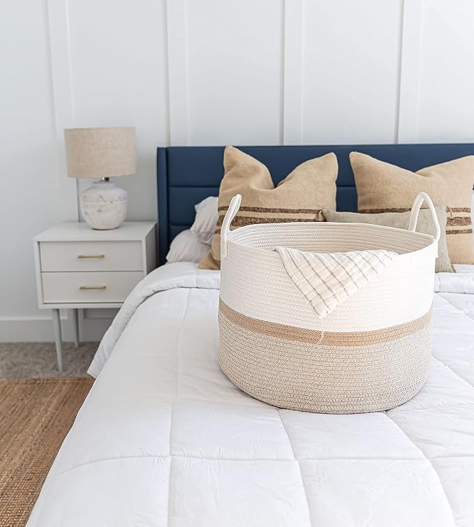 OrganiHaus Round Toy Basket & Blanket Basket, Cotton Rope 20x13" | Striped Honey - Round Cotton Rope Basket, 20x13"