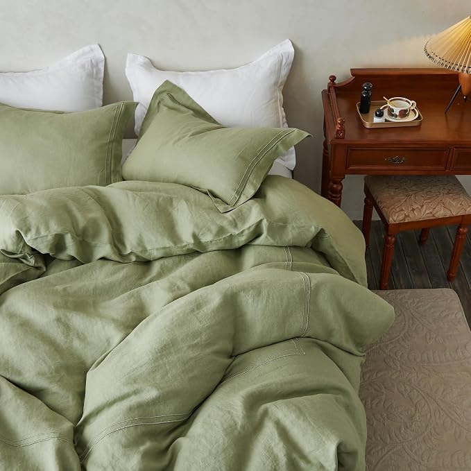 Simple&Opulence 100% Washed Linen Duvet Cover Set 68"x86" - 2 Pieces Soft Farmhouse Comforter Set Double Embroidered with Button Closure - 1 Duvet Cover and 1 Pillowsham (Sage Green, Twin)