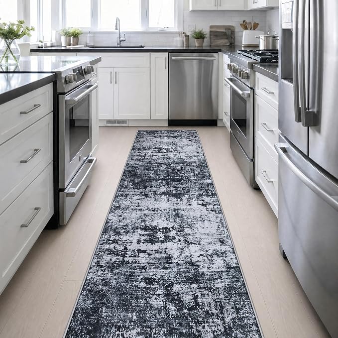2.6x14 Washable Runner Rug:Modern Abstract Indoor Carpet Black | For Hallway, Bedroom, Kitchen, Laundry, Bathroom,Door Mat,Modern Abstract,Machine washable,Non-Slip,Stain Resistant,Indoor