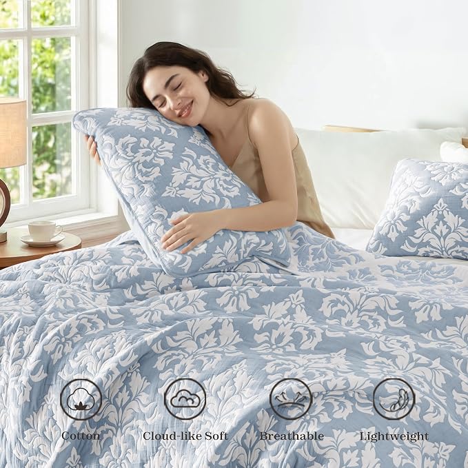 Exclusivo Mezcla Cotton Quilts Twin Size Blue | Soft Lightweight Bedspread, Breathable Prewashed Yarn Dyed Muslin, All Season Bedding Set, Boho Coverlet With 1 Pillow Sham