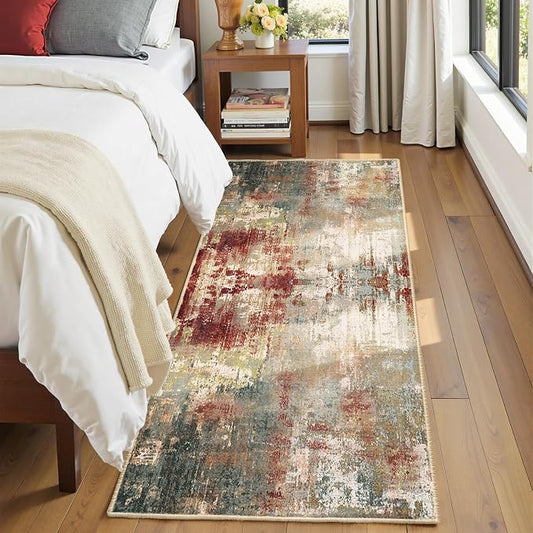 RELEANY Washable Runner 2'x6' Abstract Area Rug for Hallway Rustic Brown | Carpet for Kitchen, Entryway, Bathroom, Living Room, Bedroom, Printed Pattern, Non‑Slip, Soft, Stain‑Resistant, Easy to Clean