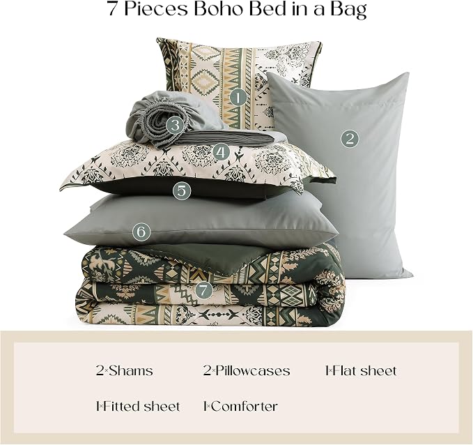 King Size Comforter Set - 7 Pieces Boho Bedding Set Aztec Bed in a Bag | Southwestern Bedding, All Season Tribal Bed Set with Comforter, Sheets, Pillowcases & Shams, Dark Green