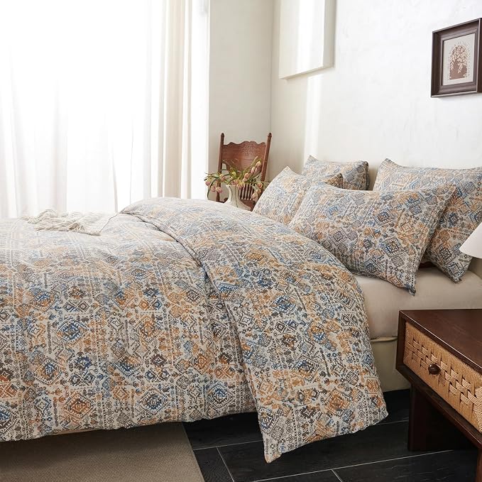 King Comforter Set Boho Soft 3 Pieces Chic Retro Boho Print Bohemian Comforter for All Seasons Luxury Warmth Comfy Breathable with 2 Pillowcases