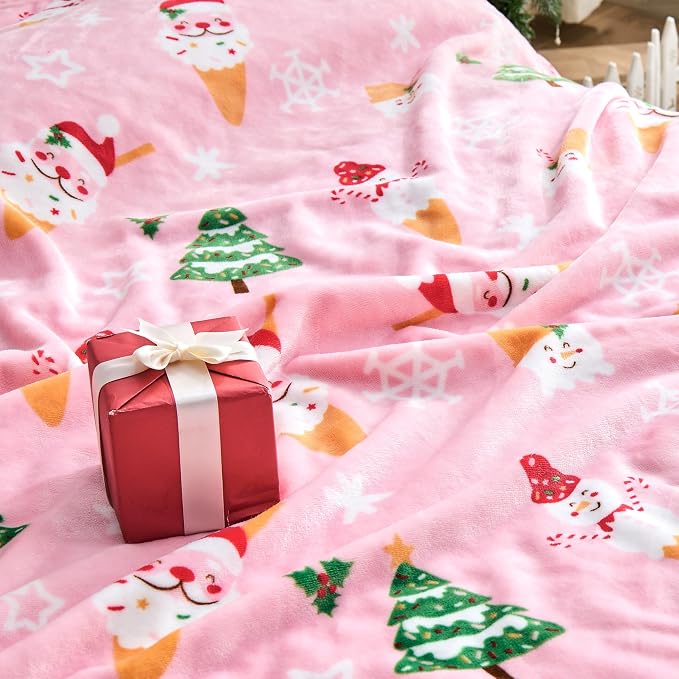 Edenleaf Christmas Blanket Soft Cozy Pink Throws with Snowman Snowflake Santa Claus and Xmas Trees Print, Fuzzy Warm Christmas Throw Blanket for Couch Bed Holiday Decorations Gifts 50"x60" (Pink)