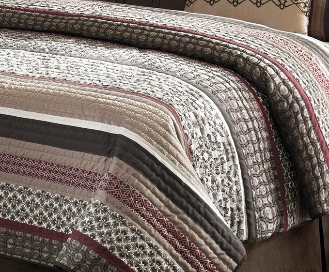 Madison Park Quilt Set Luxurious Jacquard Stripes Design - All Season, Coverlet Bedspread Lightweight Bedding Layer, Shams, Decorative Pillow, King/Cal King(104"x94"), Floral Red 5 Piece | All Season, Luxurious Coverlet Bedspread Lightweight Bedding La...