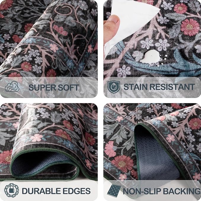 Washable 2'6" x 10' Runners for Hallways, Non Slip Long Floor Runner for Kitchen, Entryway Indoor, Stain Resistant Rubber Backing Floral Décor Rug (Dark Green)