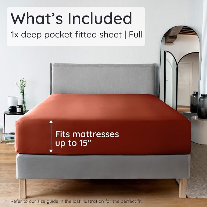 Bambaw 100% Viscose Derived from Bamboo Full Fitted Sheet Size, 15’’ Deep Pocket Full Fitted Sheets Only with Corner Straps, Cooling & Breathable (Terracotta)
