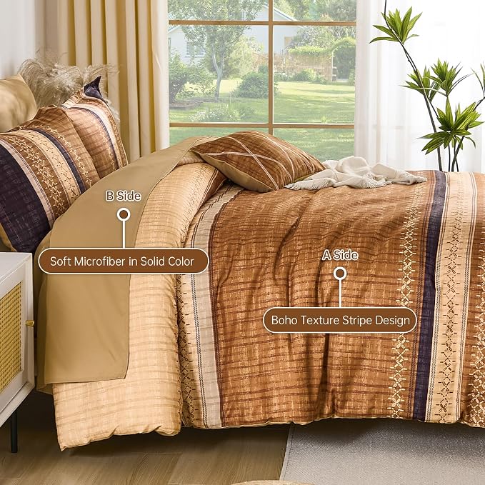 Dintszyayue Boho King Comforter Size Set, 8 Pieces Striped Texture Gold Purple Bed in a Bag Sets, Lightweight Soft Bohemian Comforter and Sheet Set, All Season Microfiber Bedding Sets for Men Women