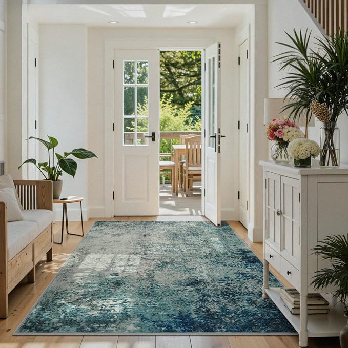 Lahome Modern Abstract Area Rug 5x7 Rugs for Living Room, Washable Accent Bedroom Rug Low Pile Non-Slip, Indoor Floor Contemporary Carpet for Kitchen Bathroom Laundry,Blue/Grey