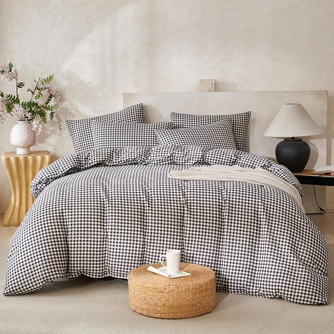 Black Grid Comforter Set Queen Soft Luxury Washed Microfiber 3 Pieces Bedding Set, White Grey Grid Pattern Comforter with 2 Pillowcases Breathable Durable Comfy