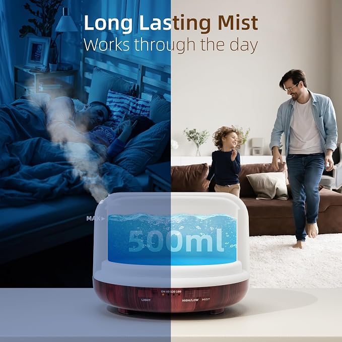 ASAKUKI Essential Oil Diffuser for Home, 500ML Aromatherapy Humidifier | with Remote Control, 7 Color LED Lights, Quiet Cool Mist Diffuser for Bedroom, Living Room, Office (Reddish-Brown)