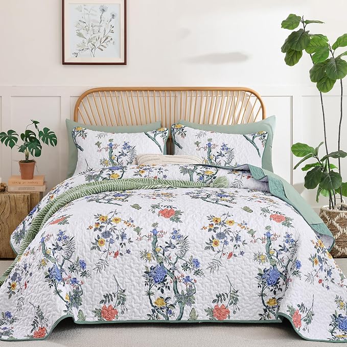WONGS BEDDING Floral Quilt Set Queen, 3 Pcs Blue Green Bedspreads Coverlets | Spring Summer Floral Farmhouse Bedspread with 2 Shams,Soft Microfiber Lightweight Coverlet for All Season 96"×90"