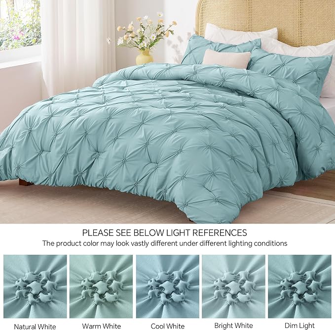 BEDELITE Queen Comforter Set Dusty Blue,Lightweight & Soft Comforter | Pintuck Boho Bedding, Warm & Cute Bed Set for All Season,With 2 Pillowcases